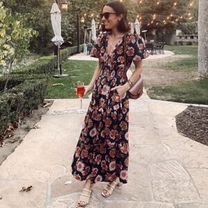 NWT TROVATA Birds of Paradise Floral Puff Short Sleeve Dress Carnation Print